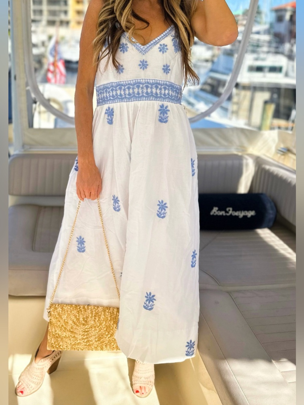 Gretchen Scott Hand Embroidered Midi Dress Fiesta Time White Periwinkle Blue M